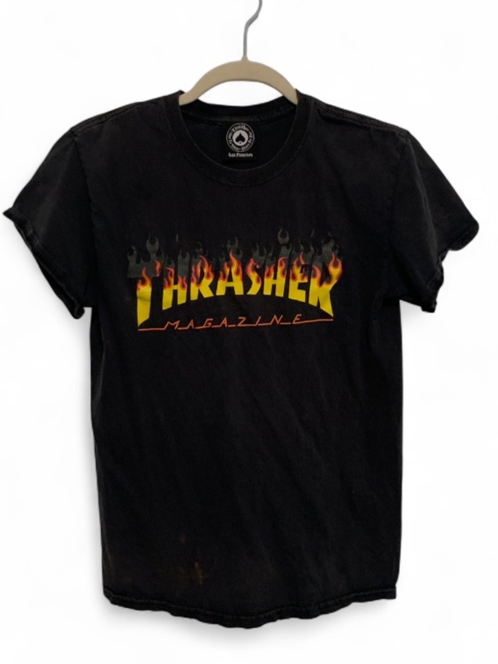 Thrasher Black Short SleeveTee with Yellow & Orange Flame Logo Graphic